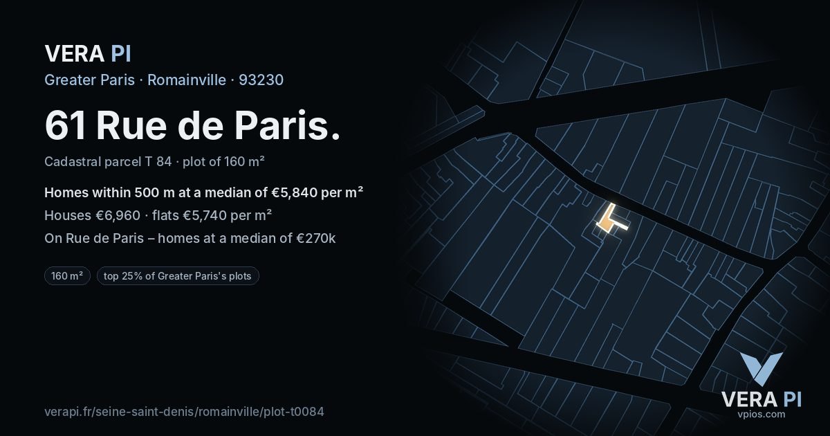 61 Rue de Paris, Romainville at night – the plot lit, the parcels around coloured by the prices near them
