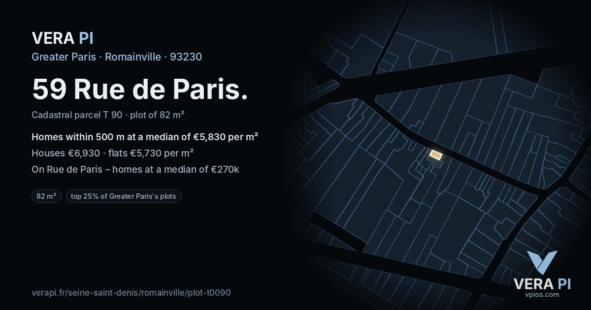 59 Rue de Paris, Romainville at night – the plot lit, the parcels around coloured by the prices near them