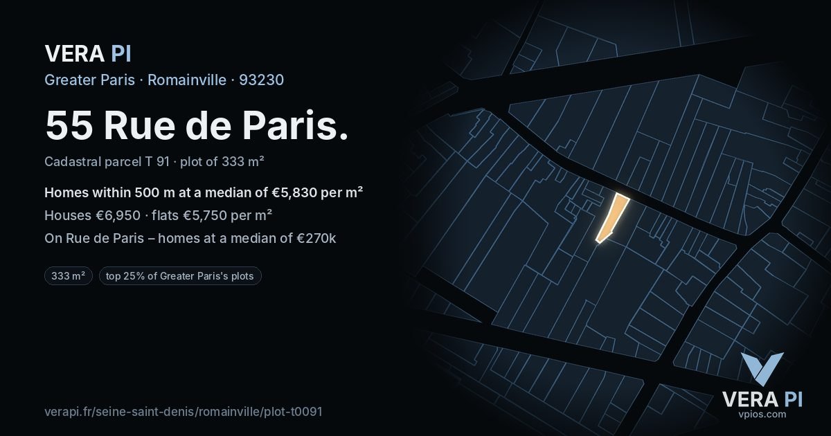 55 Rue de Paris, Romainville at night – the plot lit, the parcels around coloured by the prices near them