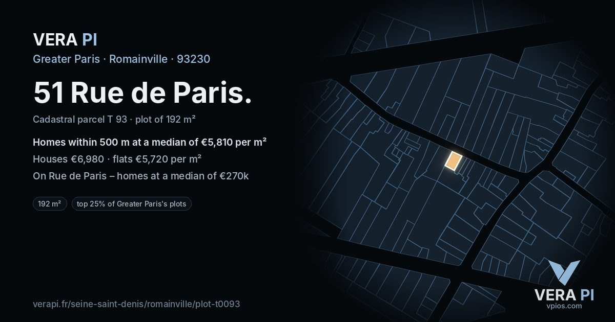 51 Rue de Paris, Romainville at night – the plot lit, the parcels around coloured by the prices near them