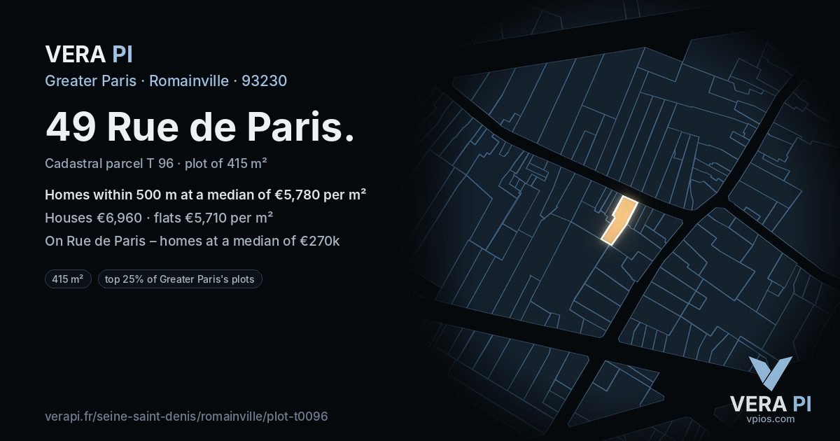 49 Rue de Paris, Romainville at night – the plot lit, the parcels around coloured by the prices near them
