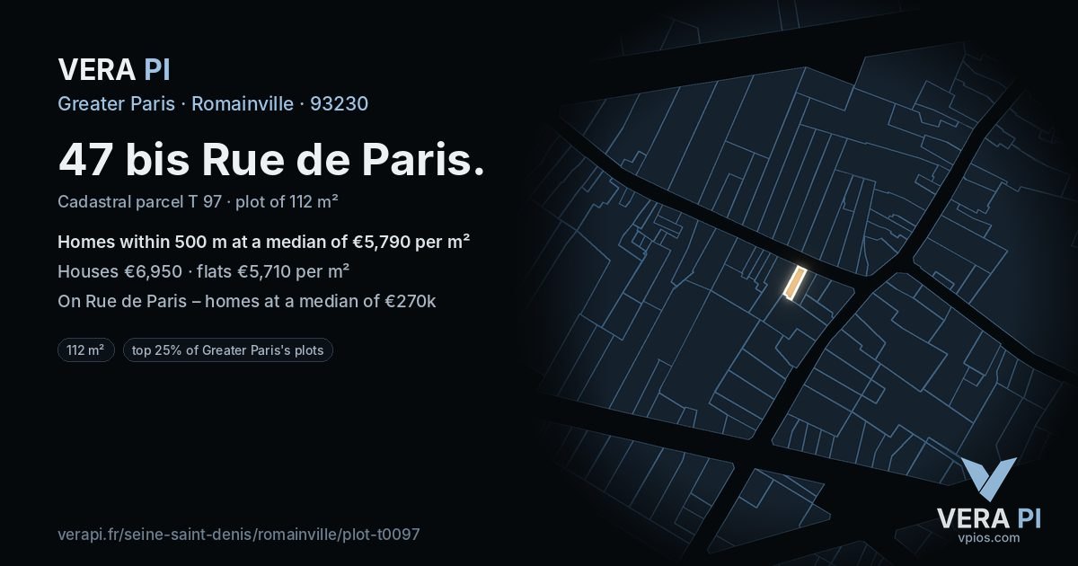 47 bis Rue de Paris, Romainville at night – the plot lit, the parcels around coloured by the prices near them