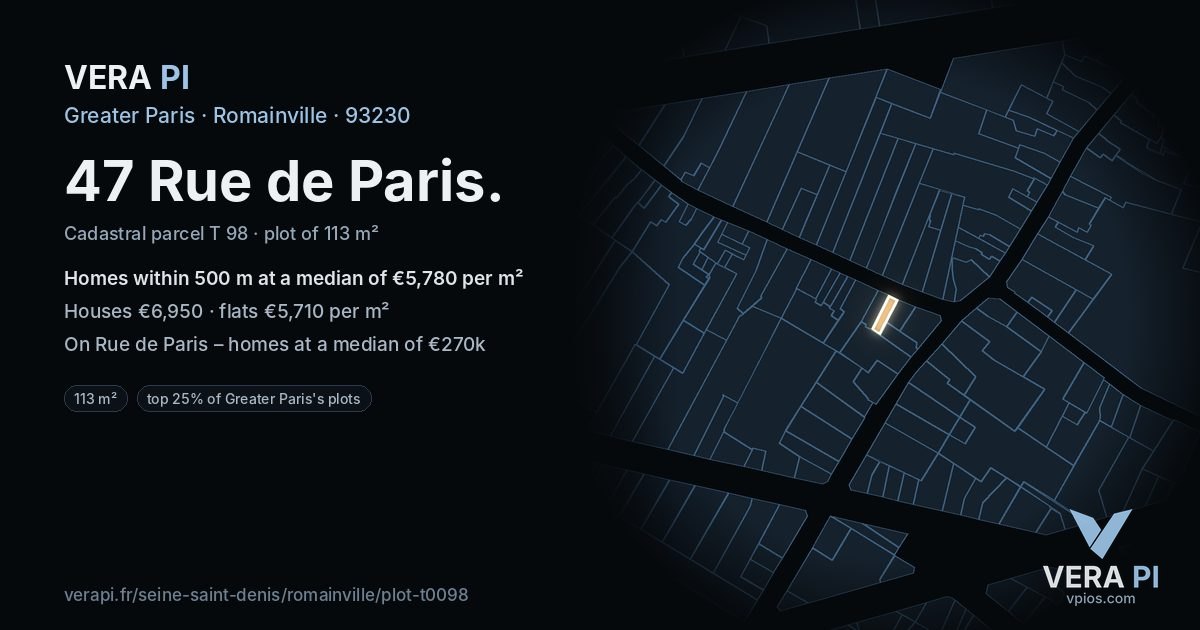 47 Rue de Paris, Romainville at night – the plot lit, the parcels around coloured by the prices near them