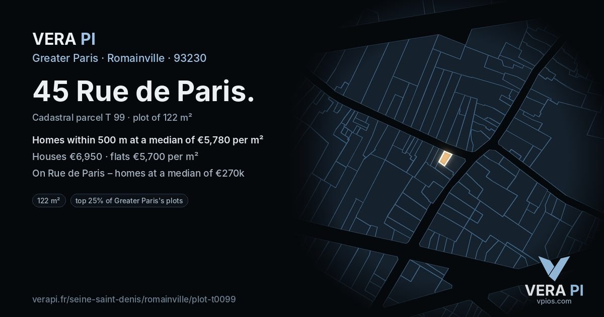 45 Rue de Paris, Romainville at night – the plot lit, the parcels around coloured by the prices near them