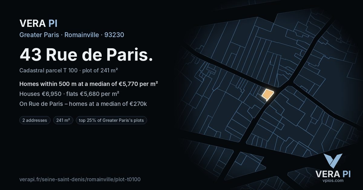 43 Rue de Paris, Romainville at night – the plot lit, the parcels around coloured by the prices near them