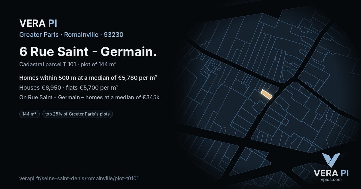 6 Rue Saint - Germain, Romainville at night – the plot lit, the parcels around coloured by the prices near them