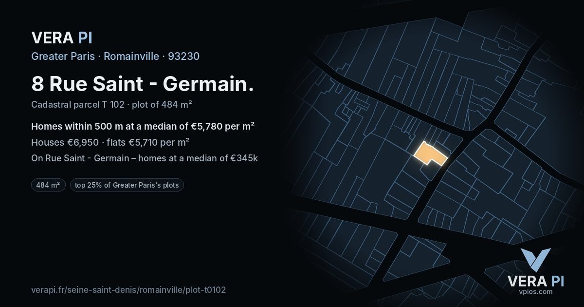 8 Rue Saint - Germain, Romainville at night – the plot lit, the parcels around coloured by the prices near them