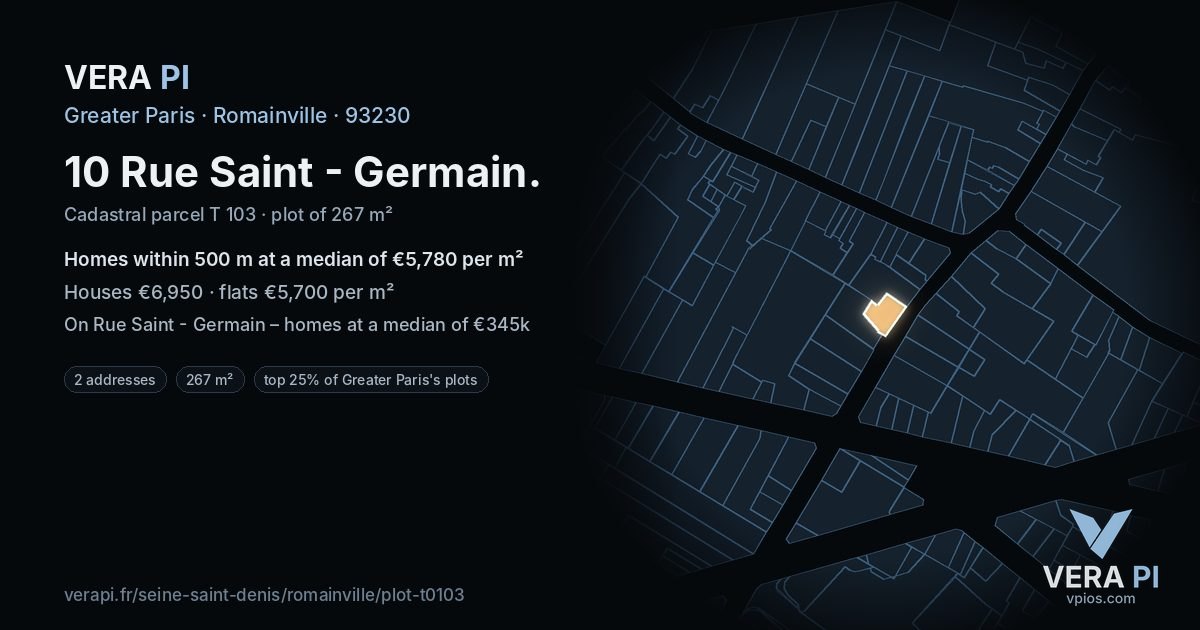 10 Rue Saint - Germain, Romainville at night – the plot lit, the parcels around coloured by the prices near them