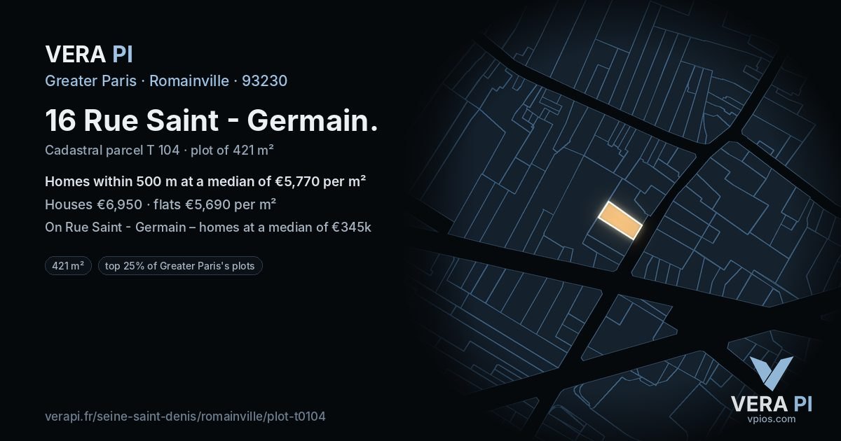 16 Rue Saint - Germain, Romainville at night – the plot lit, the parcels around coloured by the prices near them
