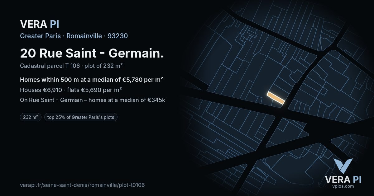 20 Rue Saint - Germain, Romainville at night – the plot lit, the parcels around coloured by the prices near them