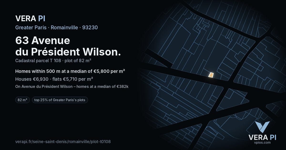 63 Avenue du Président Wilson, Romainville at night – the plot lit, the parcels around coloured by the prices near them