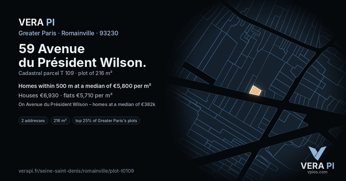59 Avenue du Président Wilson, Romainville at night – the plot lit, the parcels around coloured by the prices near them