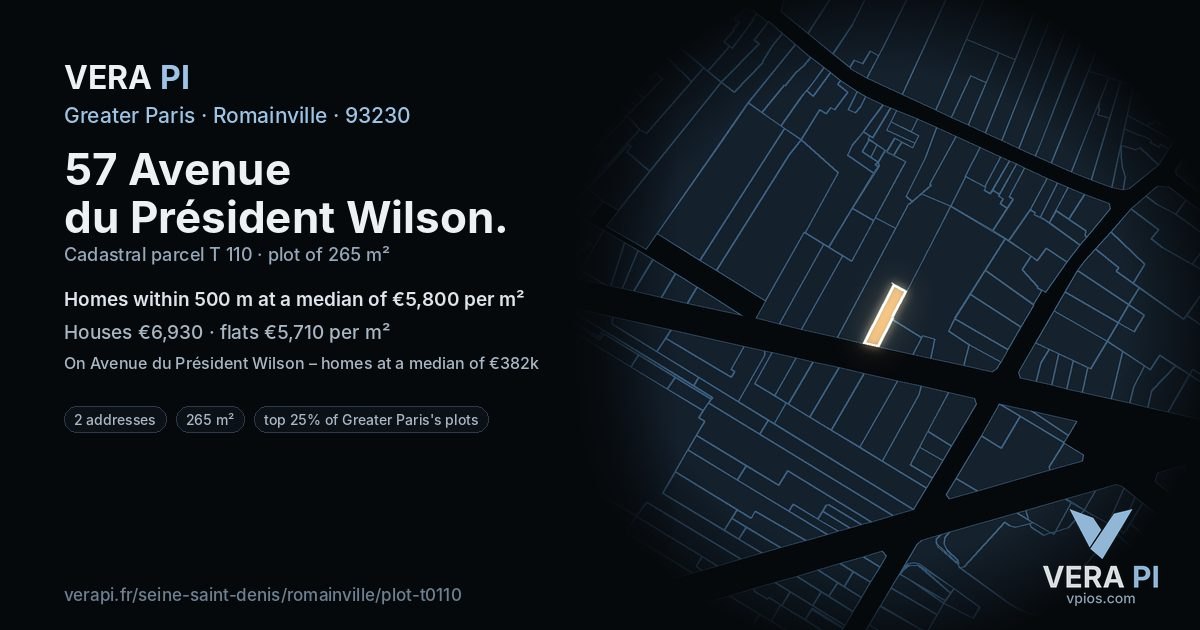 57 Avenue du Président Wilson, Romainville at night – the plot lit, the parcels around coloured by the prices near them
