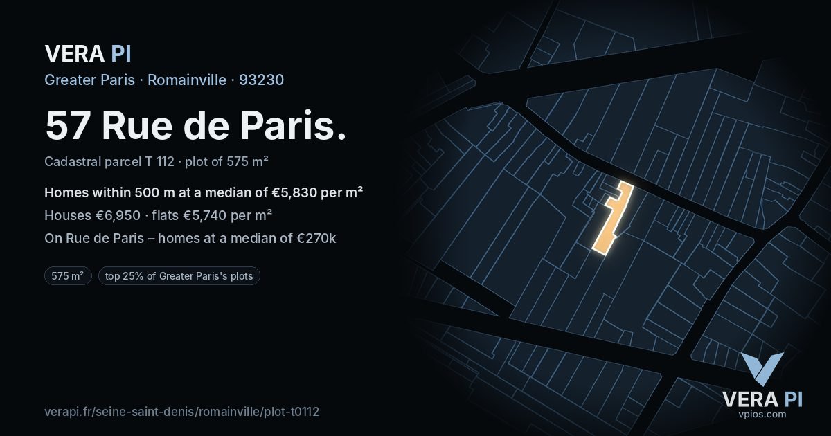 57 Rue de Paris, Romainville at night – the plot lit, the parcels around coloured by the prices near them