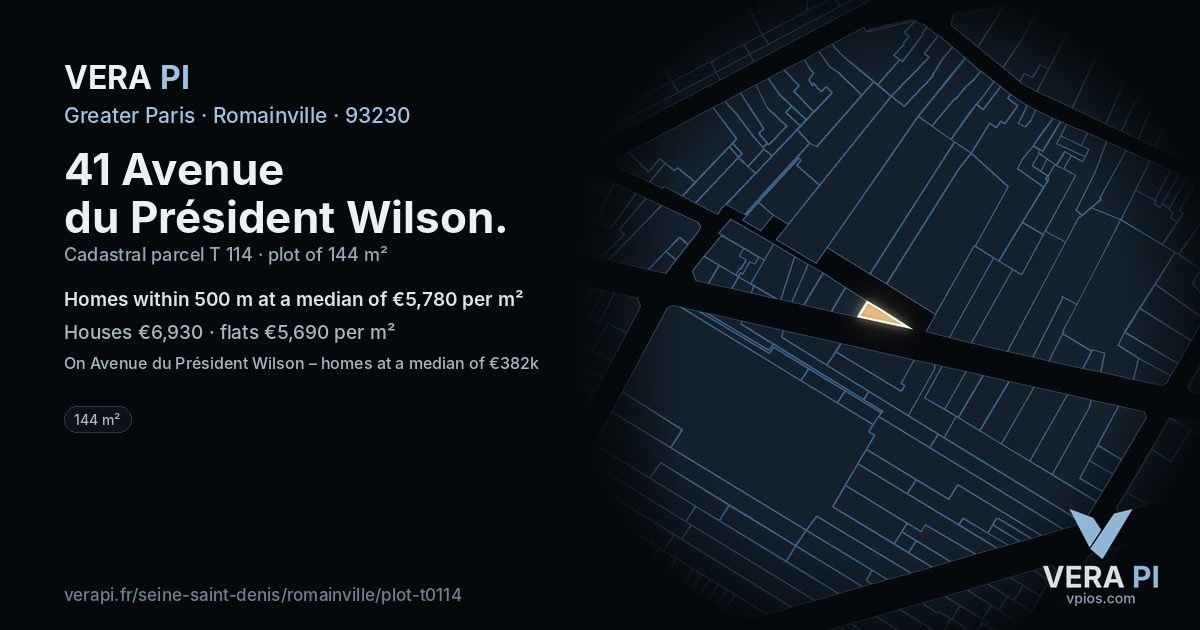 41 Avenue du Président Wilson, Romainville at night – the plot lit, the parcels around coloured by the prices near them