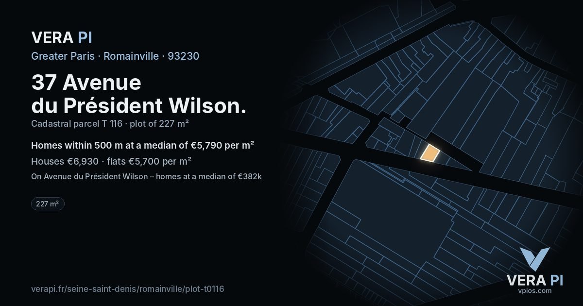 37 Avenue du Président Wilson, Romainville at night – the plot lit, the parcels around coloured by the prices near them