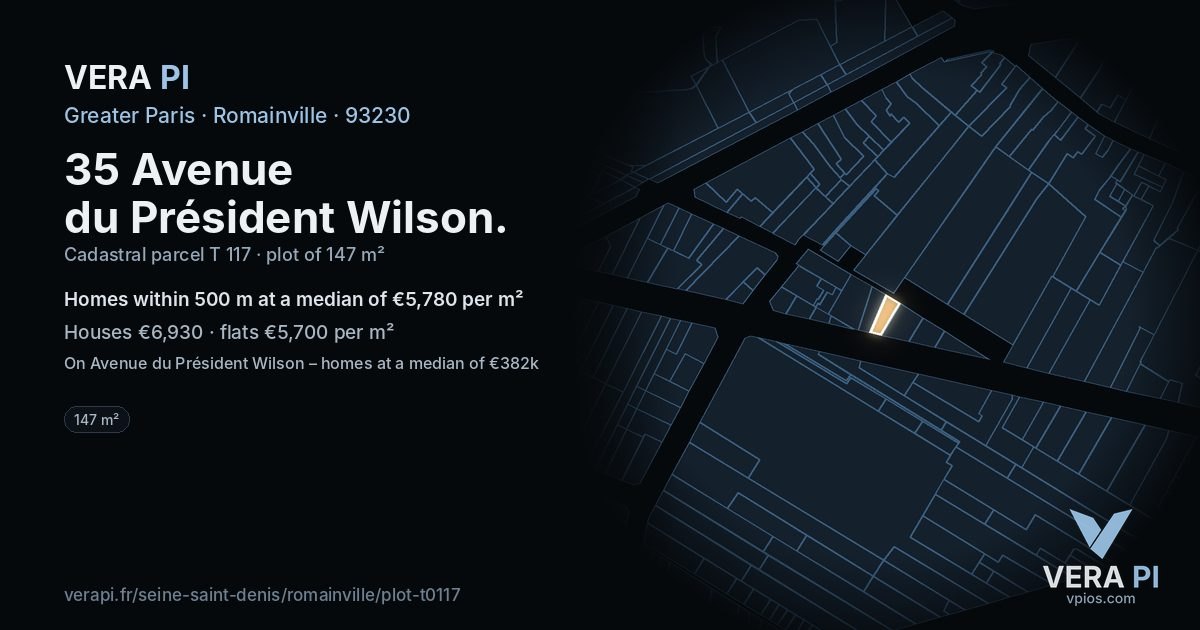 35 Avenue du Président Wilson, Romainville at night – the plot lit, the parcels around coloured by the prices near them