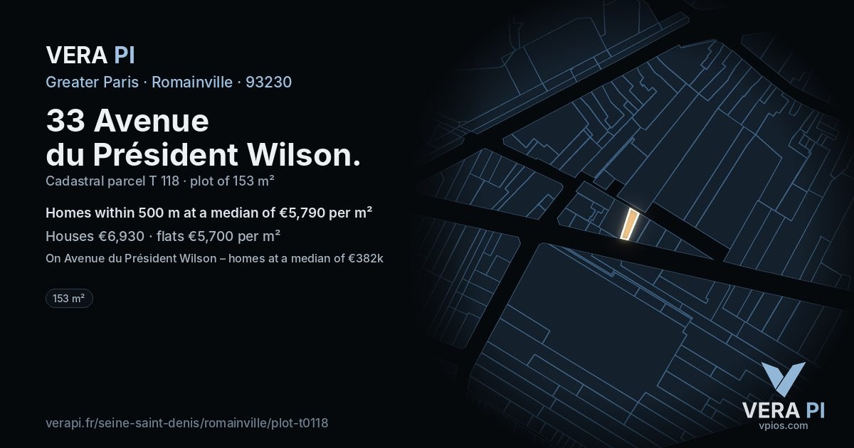 33 Avenue du Président Wilson, Romainville at night – the plot lit, the parcels around coloured by the prices near them