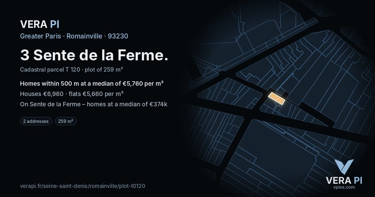 3 Sente de la Ferme, Romainville at night – the plot lit, the parcels around coloured by the prices near them