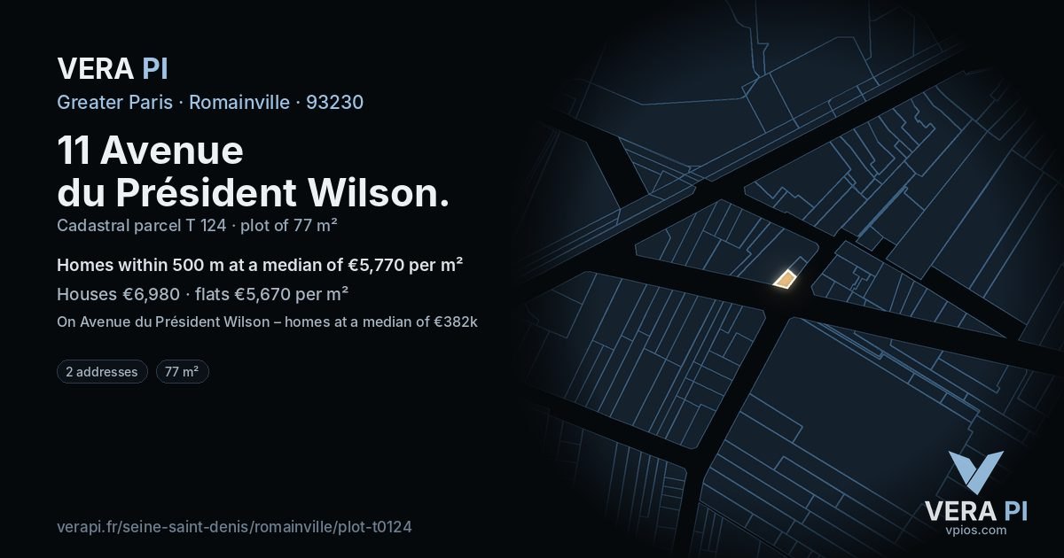 11 Avenue du Président Wilson, Romainville at night – the plot lit, the parcels around coloured by the prices near them