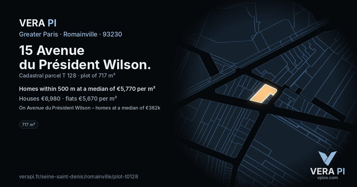 15 Avenue du Président Wilson, Romainville at night – the plot lit, the parcels around coloured by the prices near them