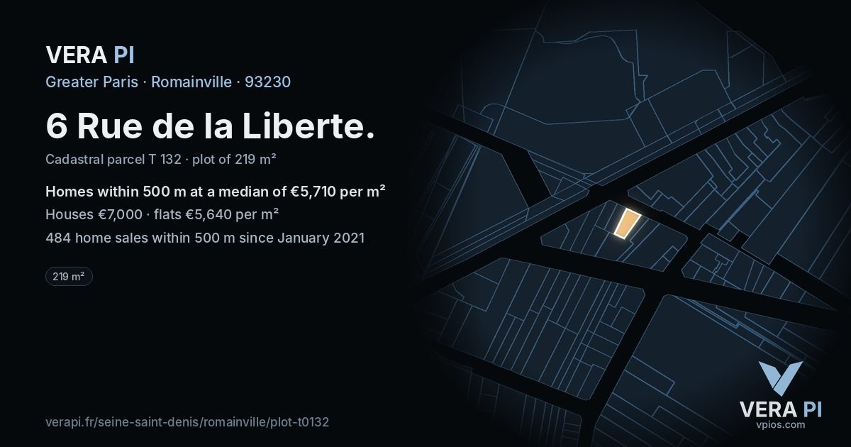 6 Rue de la Liberte, Romainville at night – the plot lit, the parcels around coloured by the prices near them