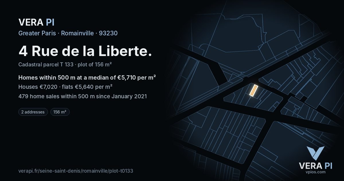 4 Rue de la Liberte, Romainville at night – the plot lit, the parcels around coloured by the prices near them