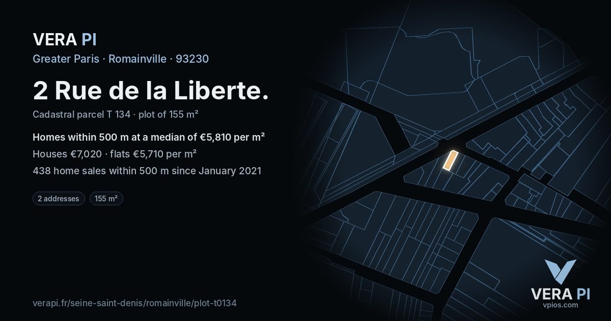 2 Rue de la Liberte, Romainville at night – the plot lit, the parcels around coloured by the prices near them
