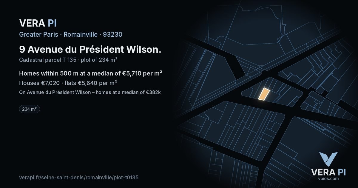9 Avenue du Président Wilson, Romainville at night – the plot lit, the parcels around coloured by the prices near them