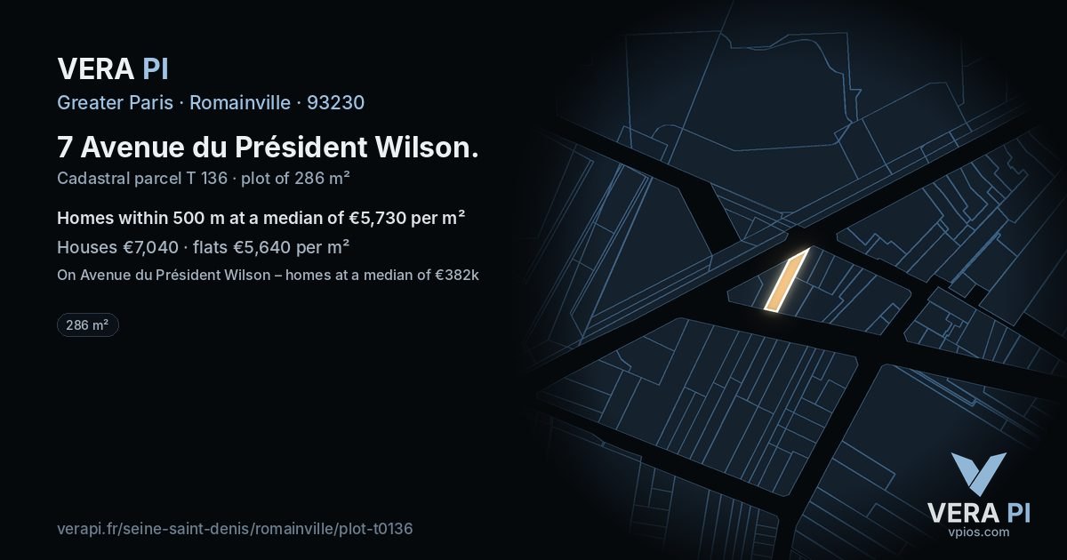 7 Avenue du Président Wilson, Romainville at night – the plot lit, the parcels around coloured by the prices near them