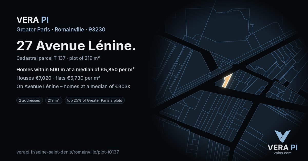 27 Avenue Lénine, Romainville at night – the plot lit, the parcels around coloured by the prices near them