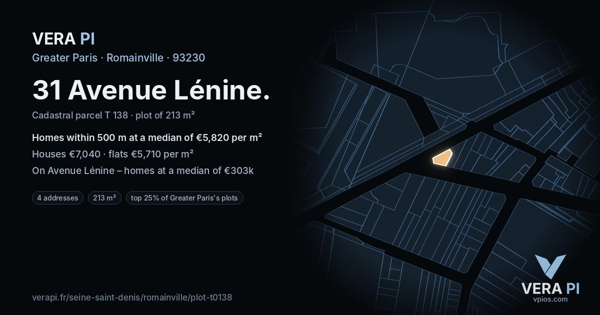 31 Avenue Lénine, Romainville at night – the plot lit, the parcels around coloured by the prices near them