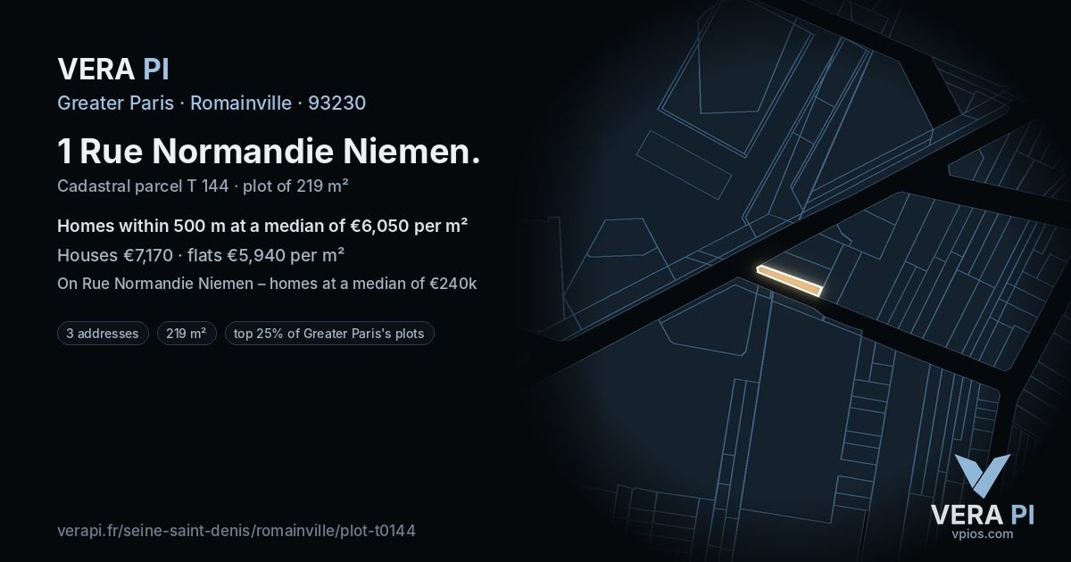 1 Rue Normandie Niemen, Romainville at night – the plot lit, the parcels around coloured by the prices near them