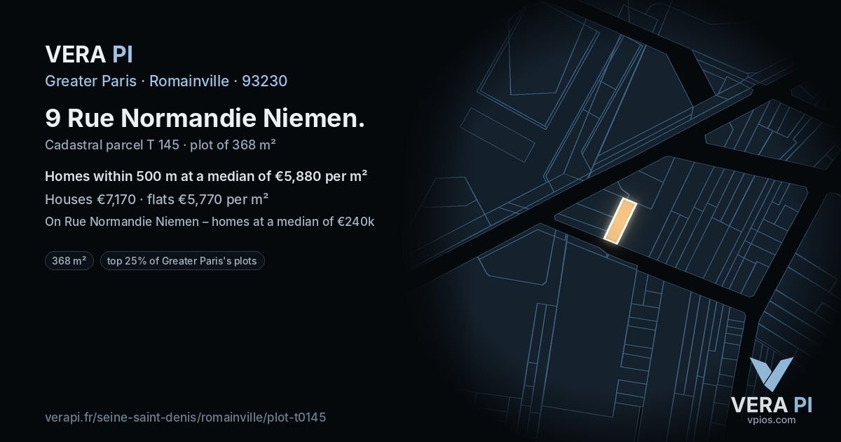 9 Rue Normandie Niemen, Romainville at night – the plot lit, the parcels around coloured by the prices near them