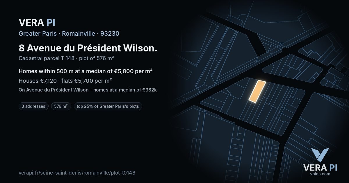 8 Avenue du Président Wilson, Romainville at night – the plot lit, the parcels around coloured by the prices near them