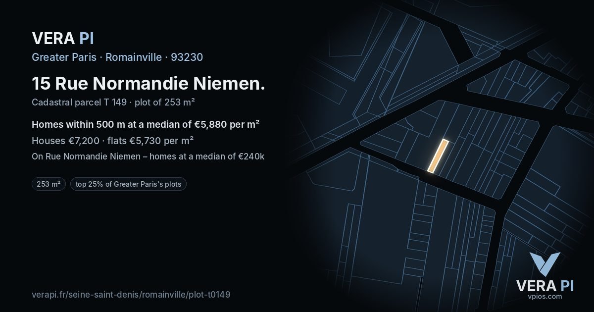 15 Rue Normandie Niemen, Romainville at night – the plot lit, the parcels around coloured by the prices near them
