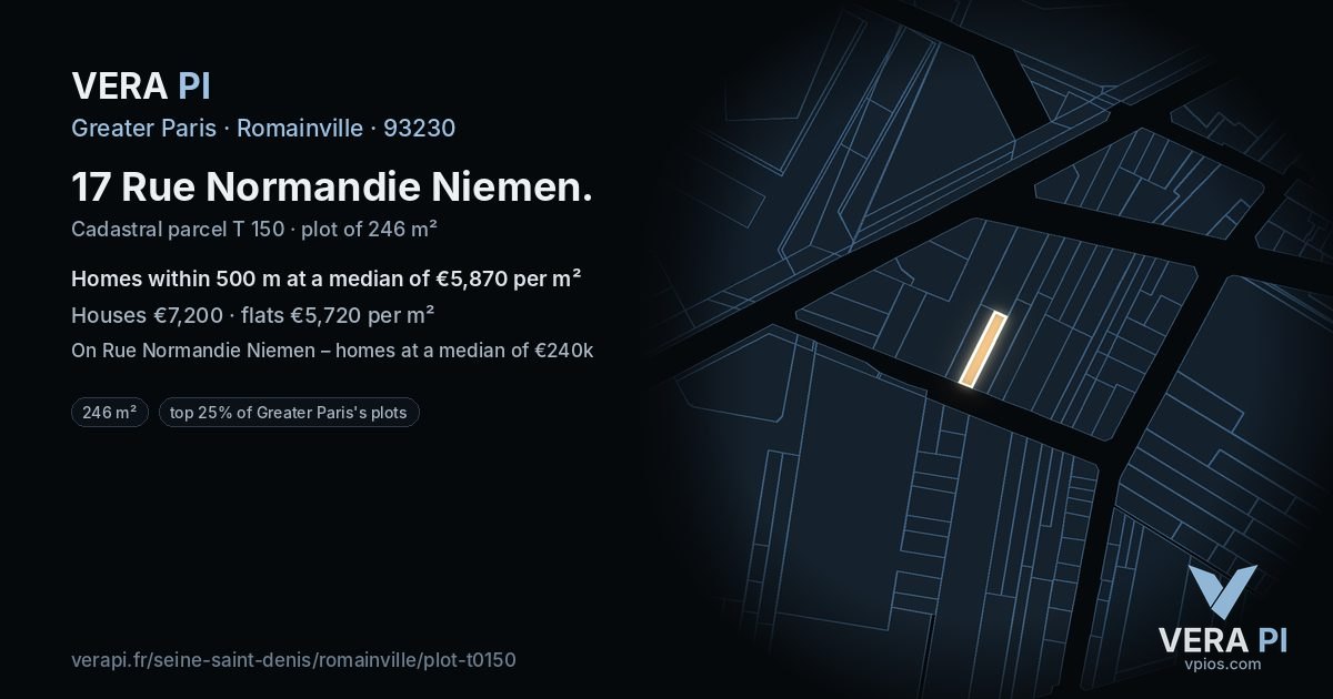 17 Rue Normandie Niemen, Romainville at night – the plot lit, the parcels around coloured by the prices near them
