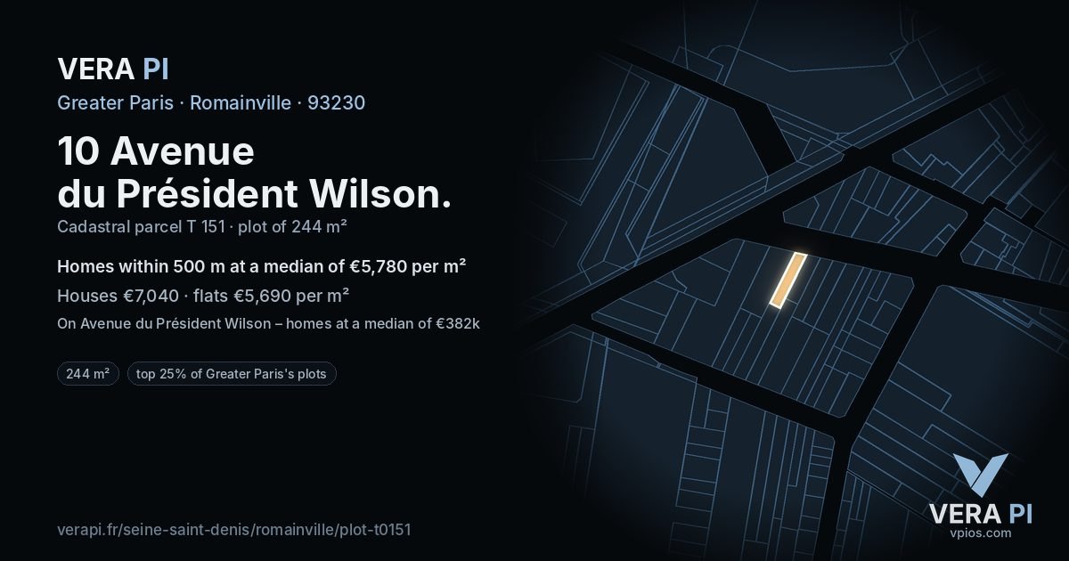 10 Avenue du Président Wilson, Romainville at night – the plot lit, the parcels around coloured by the prices near them