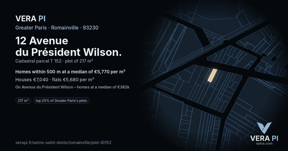 12 Avenue du Président Wilson, Romainville at night – the plot lit, the parcels around coloured by the prices near them