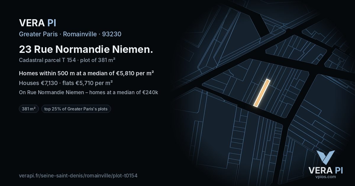 23 Rue Normandie Niemen, Romainville at night – the plot lit, the parcels around coloured by the prices near them
