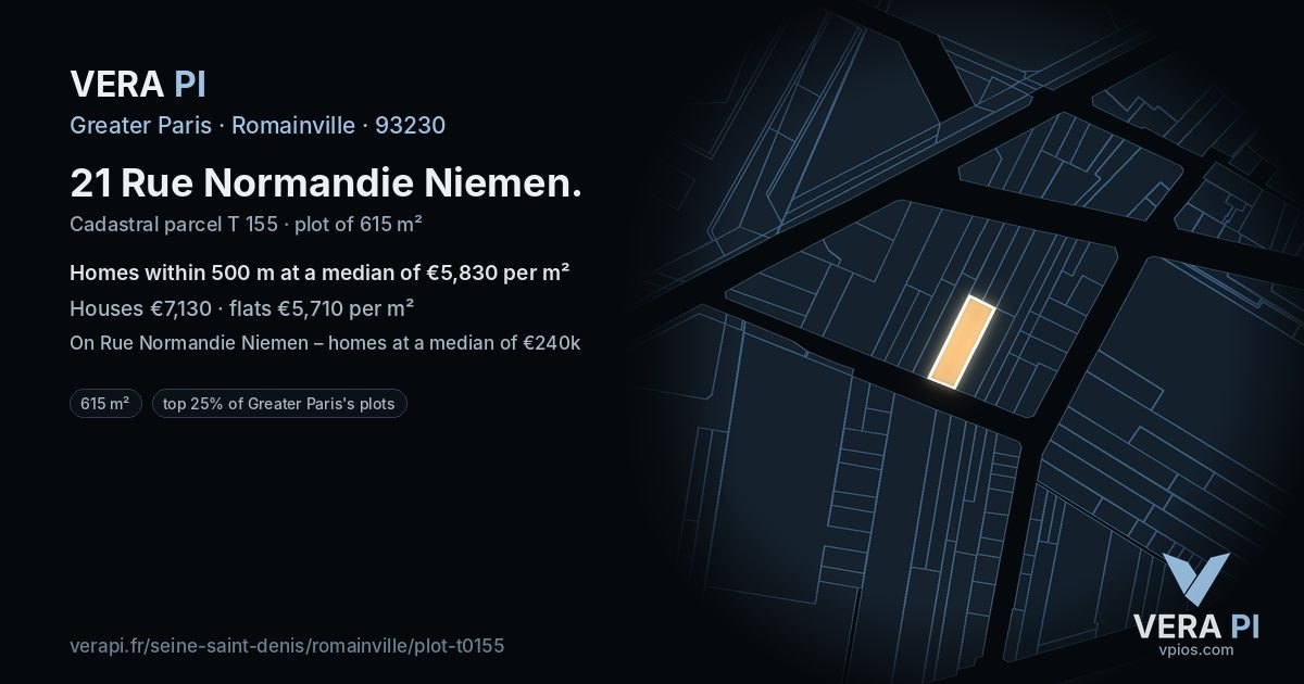 21 Rue Normandie Niemen, Romainville at night – the plot lit, the parcels around coloured by the prices near them