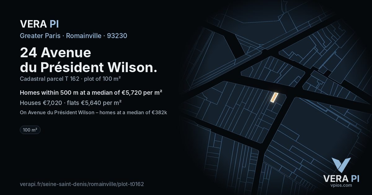 24 Avenue du Président Wilson, Romainville at night – the plot lit, the parcels around coloured by the prices near them