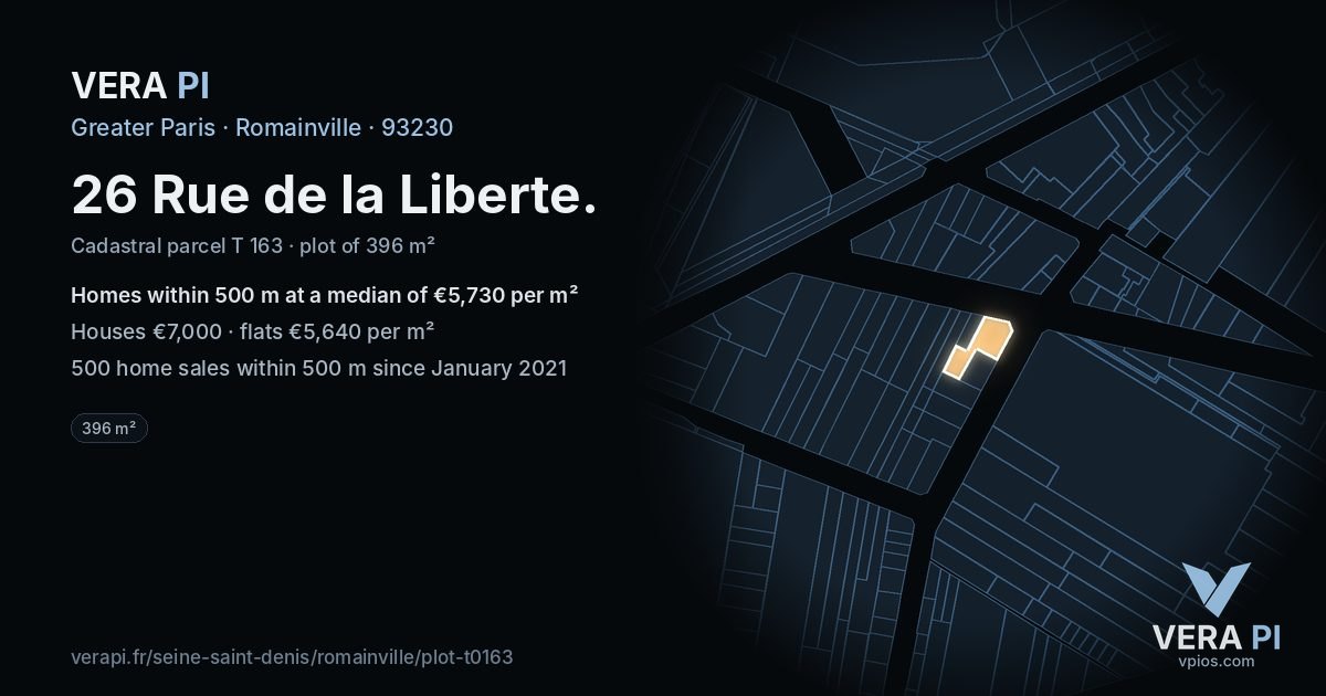 26 Rue de la Liberte, Romainville at night – the plot lit, the parcels around coloured by the prices near them