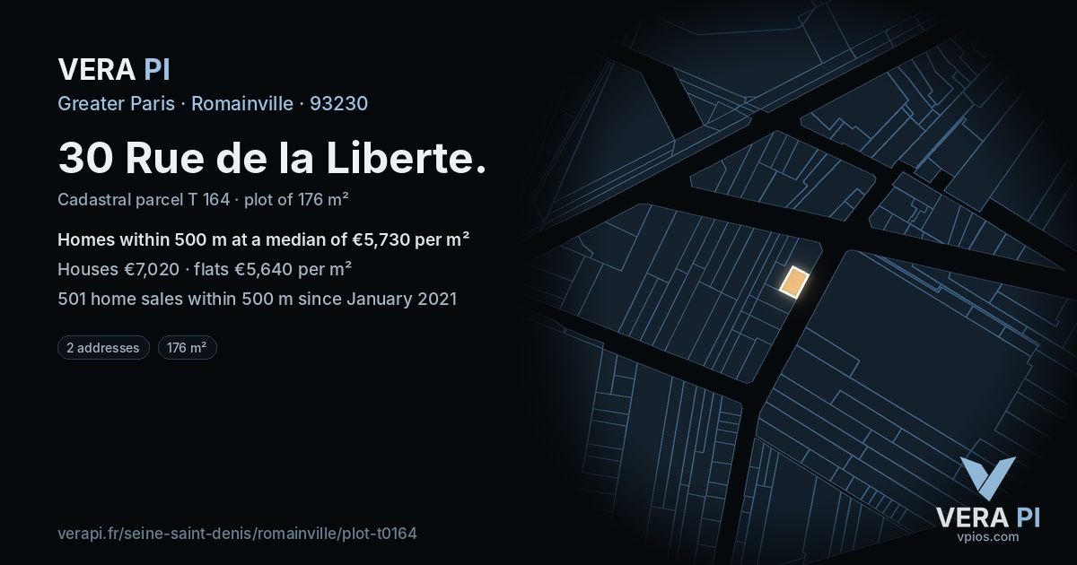 30 Rue de la Liberte, Romainville at night – the plot lit, the parcels around coloured by the prices near them