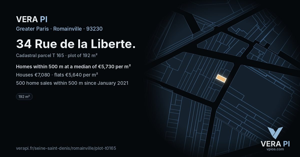 34 Rue de la Liberte, Romainville at night – the plot lit, the parcels around coloured by the prices near them