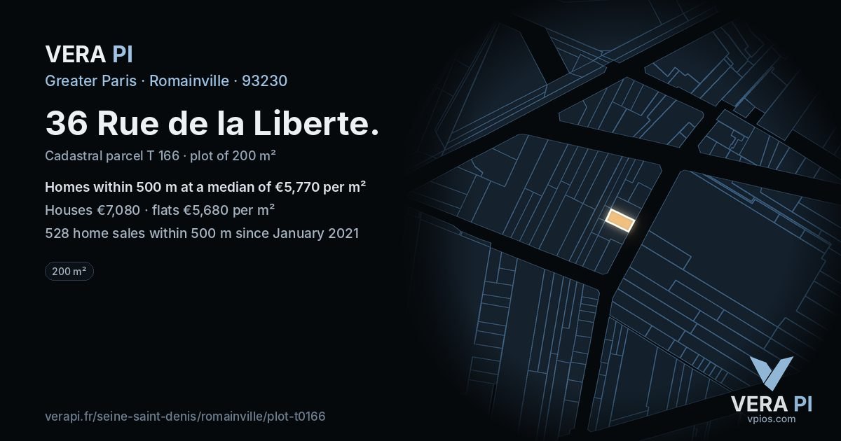 36 Rue de la Liberte, Romainville at night – the plot lit, the parcels around coloured by the prices near them