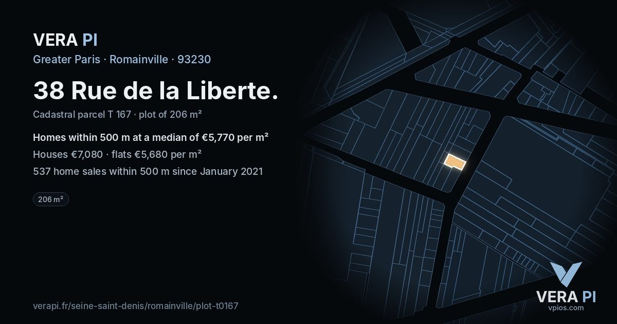 38 Rue de la Liberte, Romainville at night – the plot lit, the parcels around coloured by the prices near them