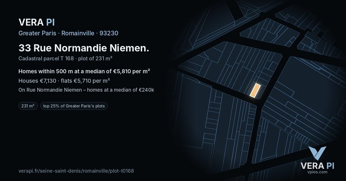 33 Rue Normandie Niemen, Romainville at night – the plot lit, the parcels around coloured by the prices near them