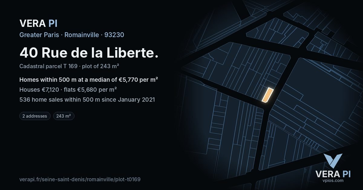 40 Rue de la Liberte, Romainville at night – the plot lit, the parcels around coloured by the prices near them