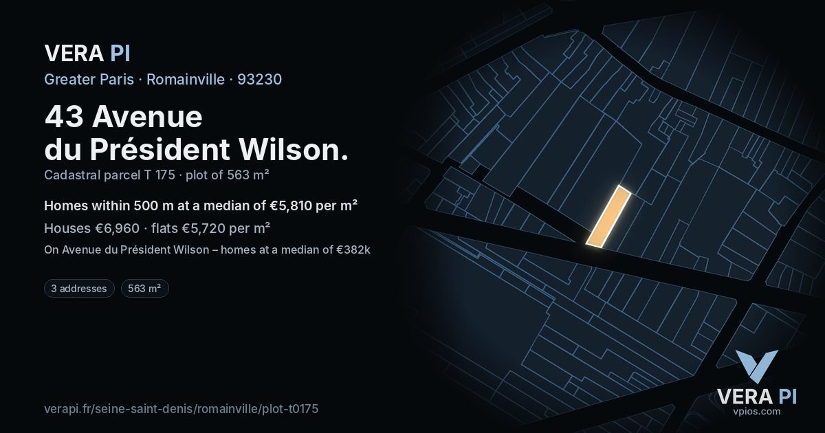 43 Avenue du Président Wilson, Romainville at night – the plot lit, the parcels around coloured by the prices near them
